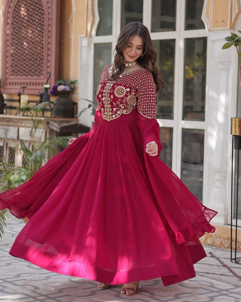 Rani Pink Color Faux Blooming Georgette Gown With Embroidered Dupatta