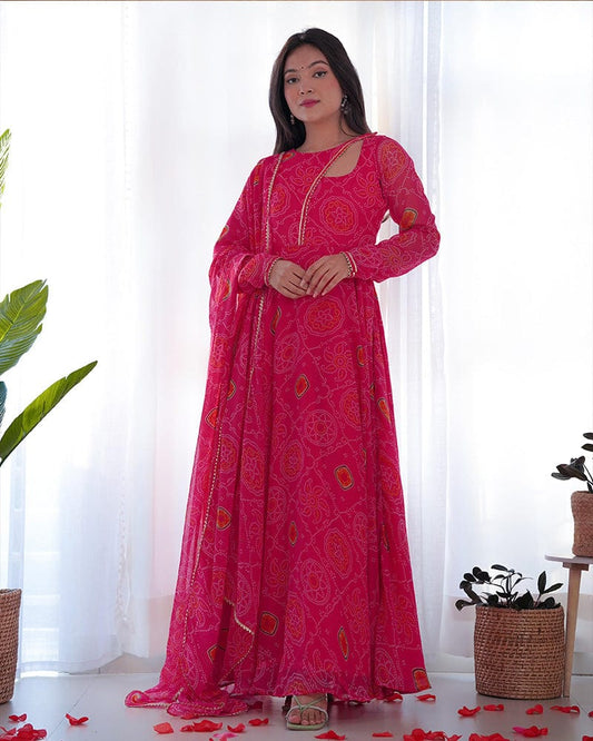 Pink Color Bandhej  Print Soft Chiffon Stylish Neck Three Piece Anarkali Gown