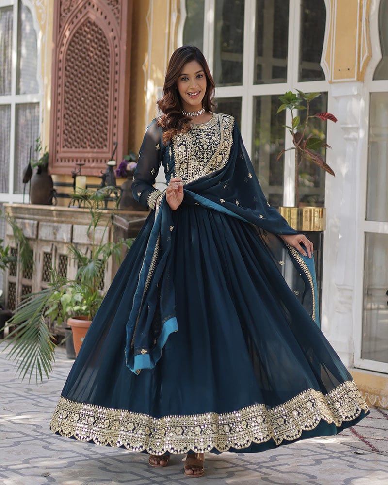 Rama Color Faux Blooming Embroidered Gown