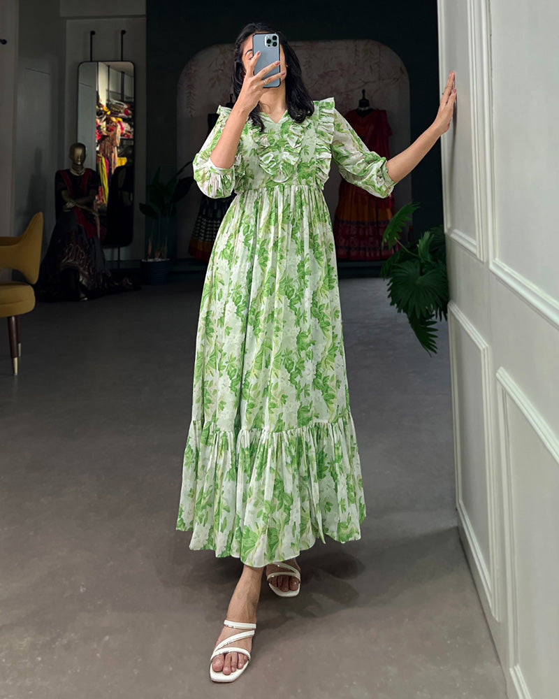 Parrot Green Color Georgette Printed Long Kurti