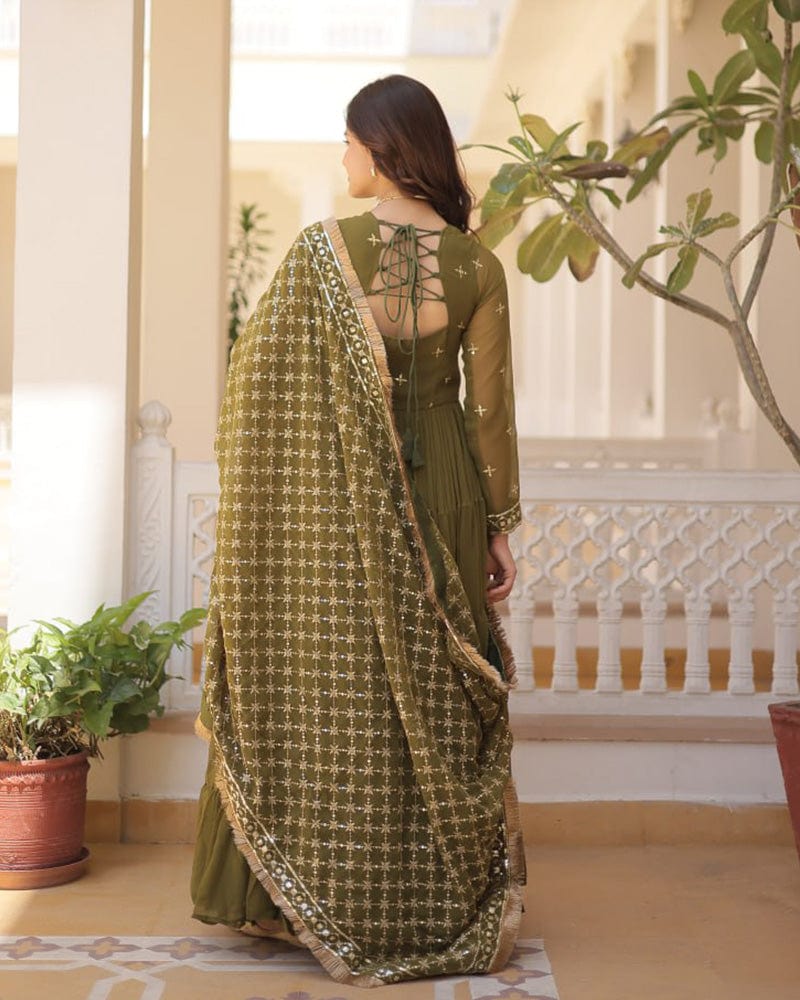 Mehndi Color Faux Georgette Designer Anarkali Gown With Dupatta