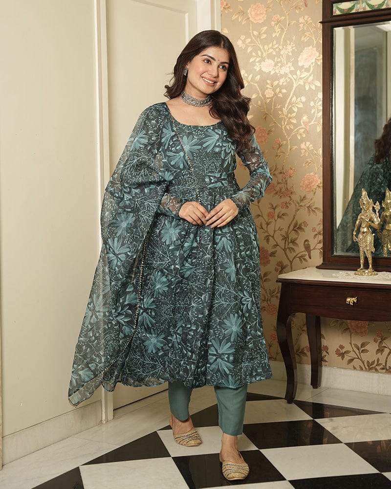 Bottle Green Color Printed Tebby Organza Three Piece Anarkali Suit