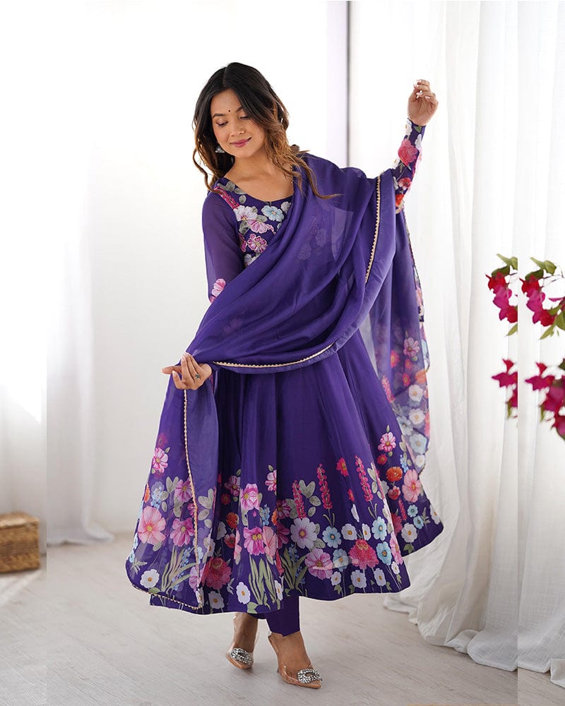 Purple Color Floral Print Organza Three Piece Anarkali Suit