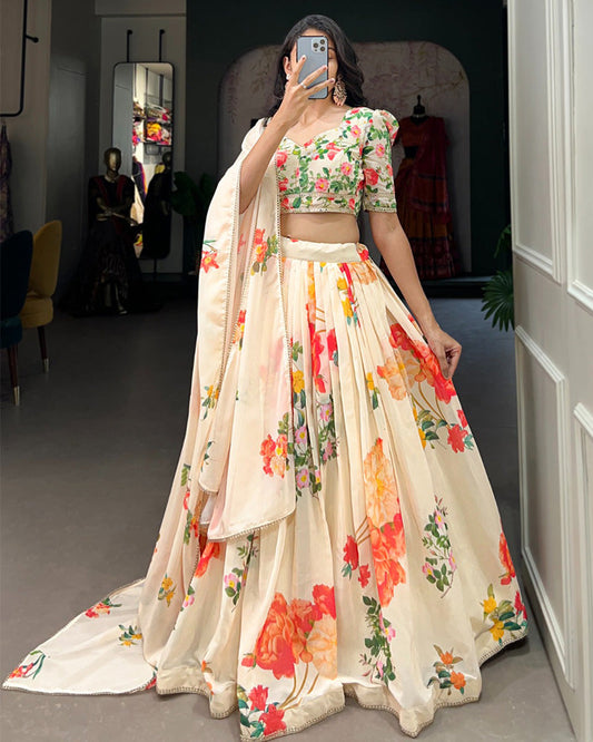 Cream Color Georgette Floral Printed Lehenga Choli