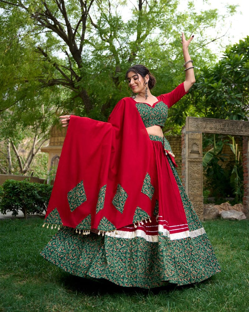 Red And Green Color Cotton Printed Navratri Lehenga Choli