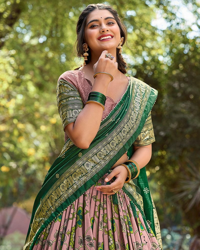 Onion Color Tussar Silk Kalamkari Printed Navratri Lehenga Choli