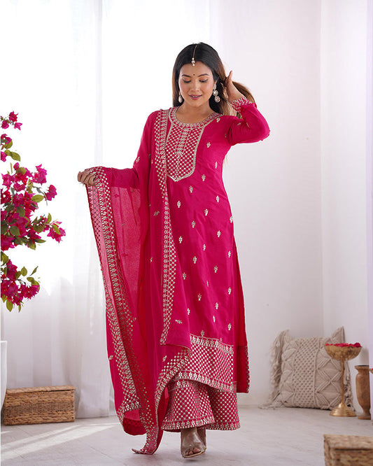 Rani Pink Color Chinon Silk Three Piece Kurti Suit