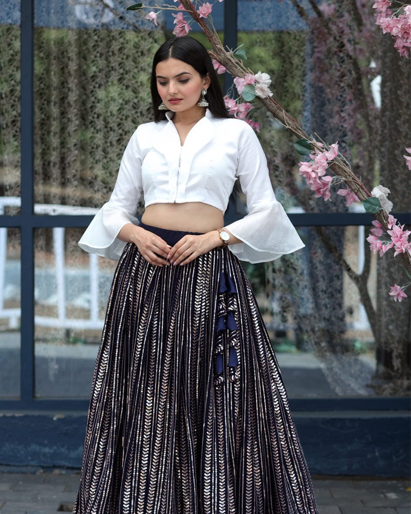 Black And White Designer Ready to Wear Crop Top Lehenga Choli
