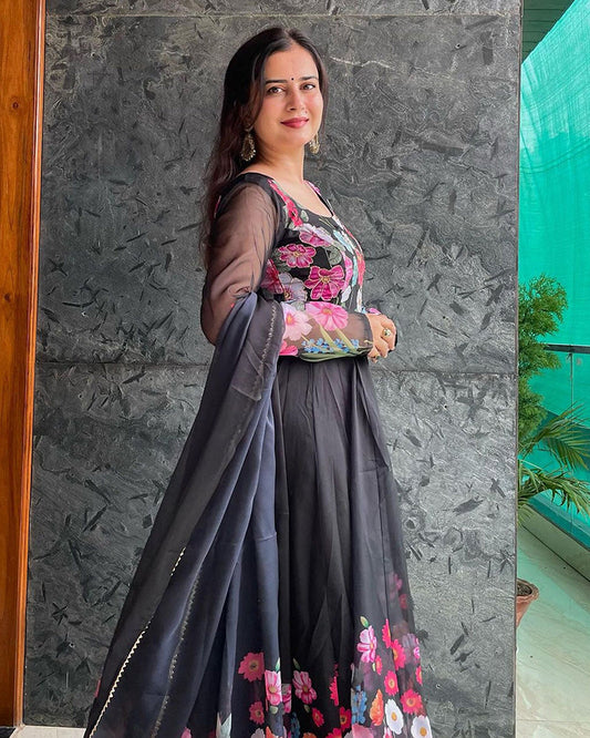 Mehak Qudora Black Floral Print Organza Three Piece Anarkali Suit