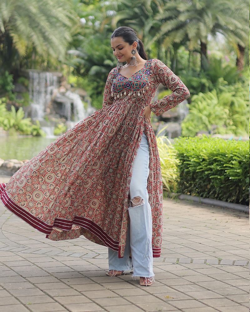 Maroon Color Cotton Printed Navratri Kurti