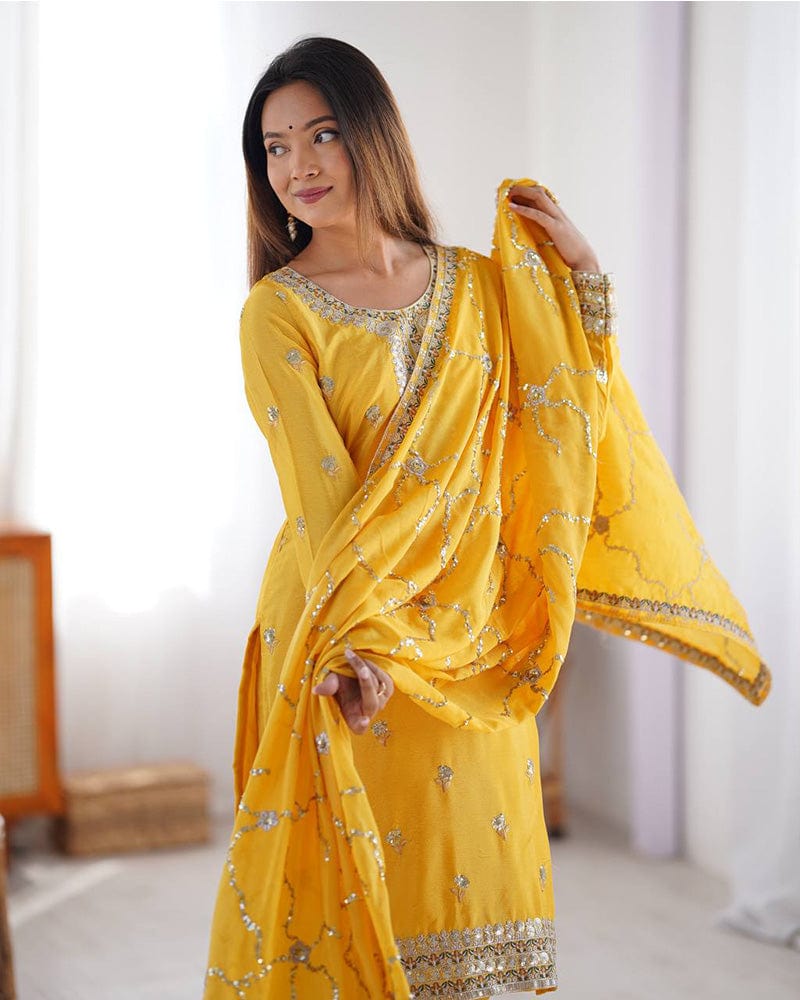 Yellow Color Chinon Silk Embroidered Three Piece Kurti Suit