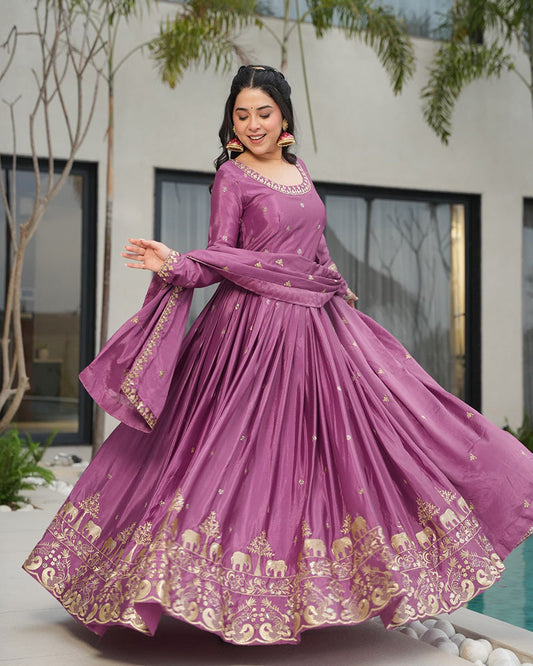 Onion Color Chinon Silk  Sequins Embroidered Gown