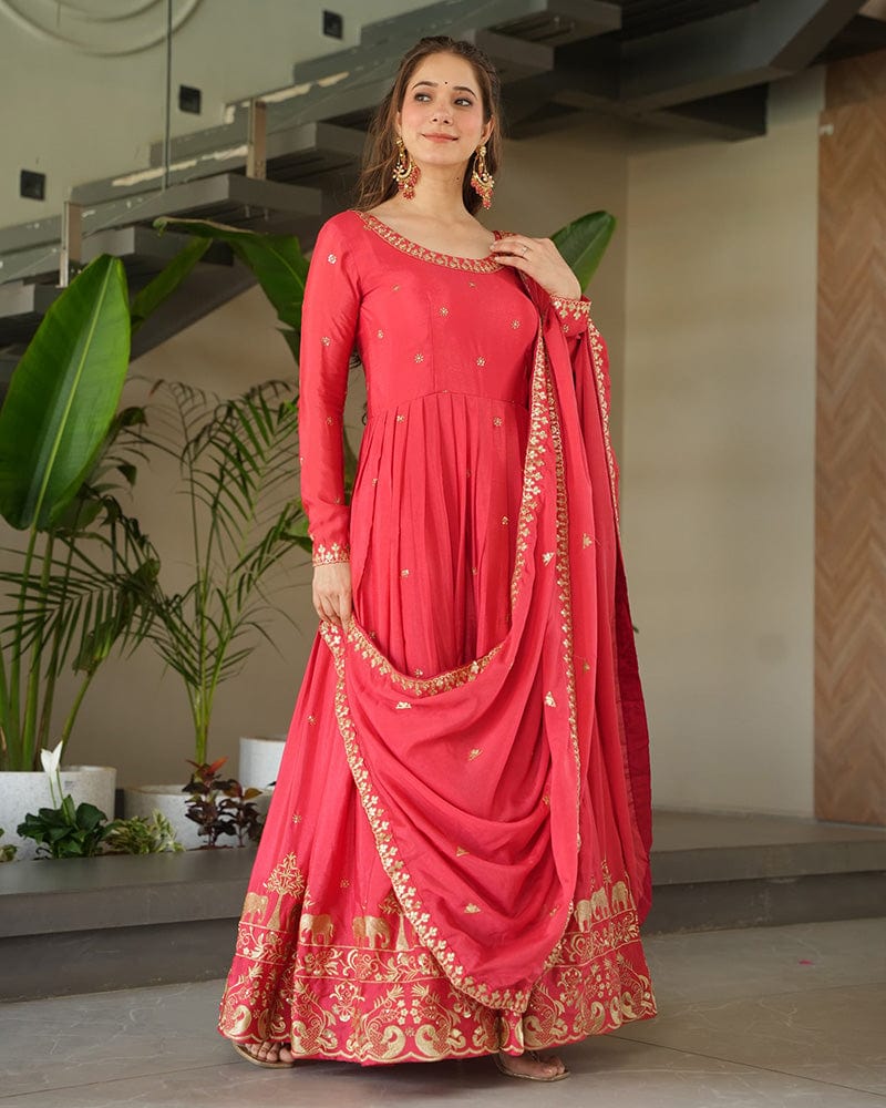 Peach Color Chinon Silk  Sequins Embroidered Gown