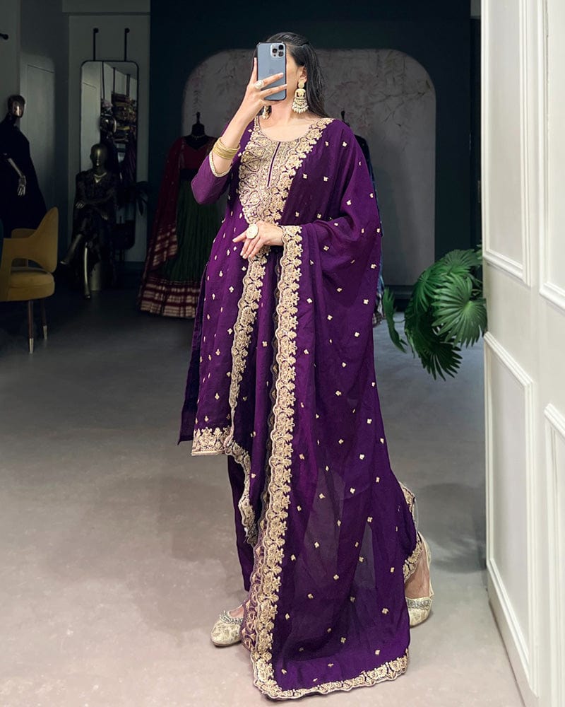 Purple Color Vichitra Silk Embroidered Three Piece Kurti Suit