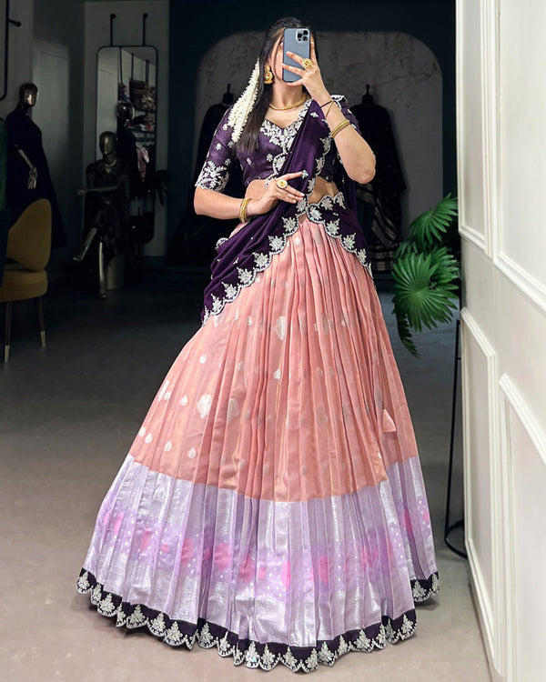 Peach Color Zari Kota Embroidered Lehenga Choli
