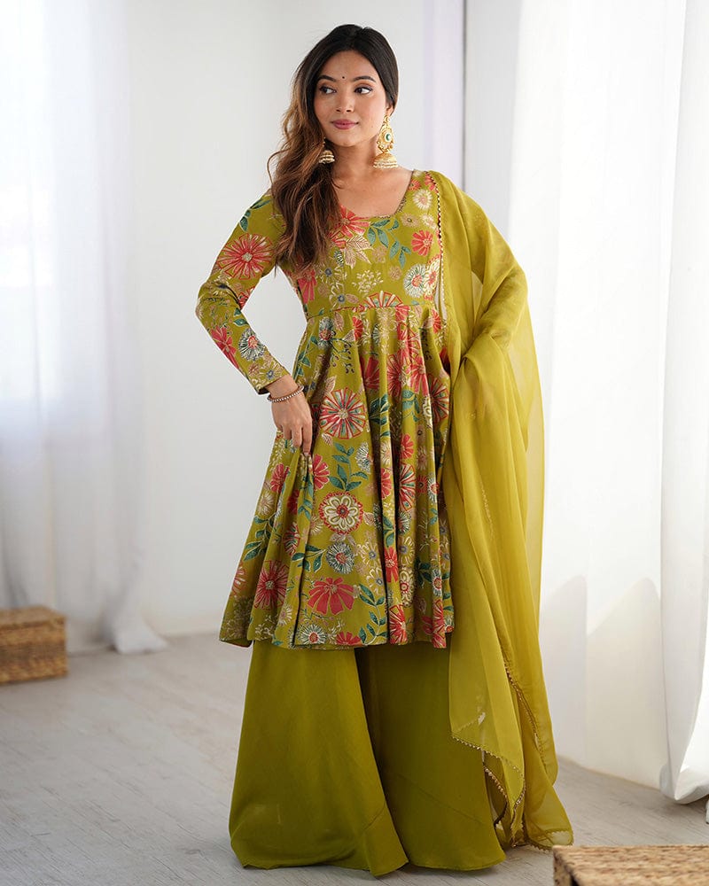Mehndi Color Roman Silk Discharge Printed Plazzo Suit