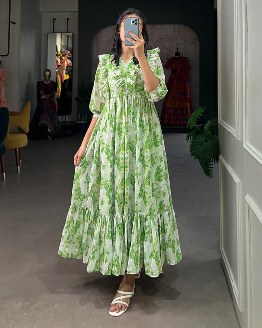 Parrot Green Color Georgette Printed Long Kurti