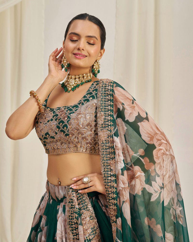 Green Color Floral Printed Organza Lehenga Choli