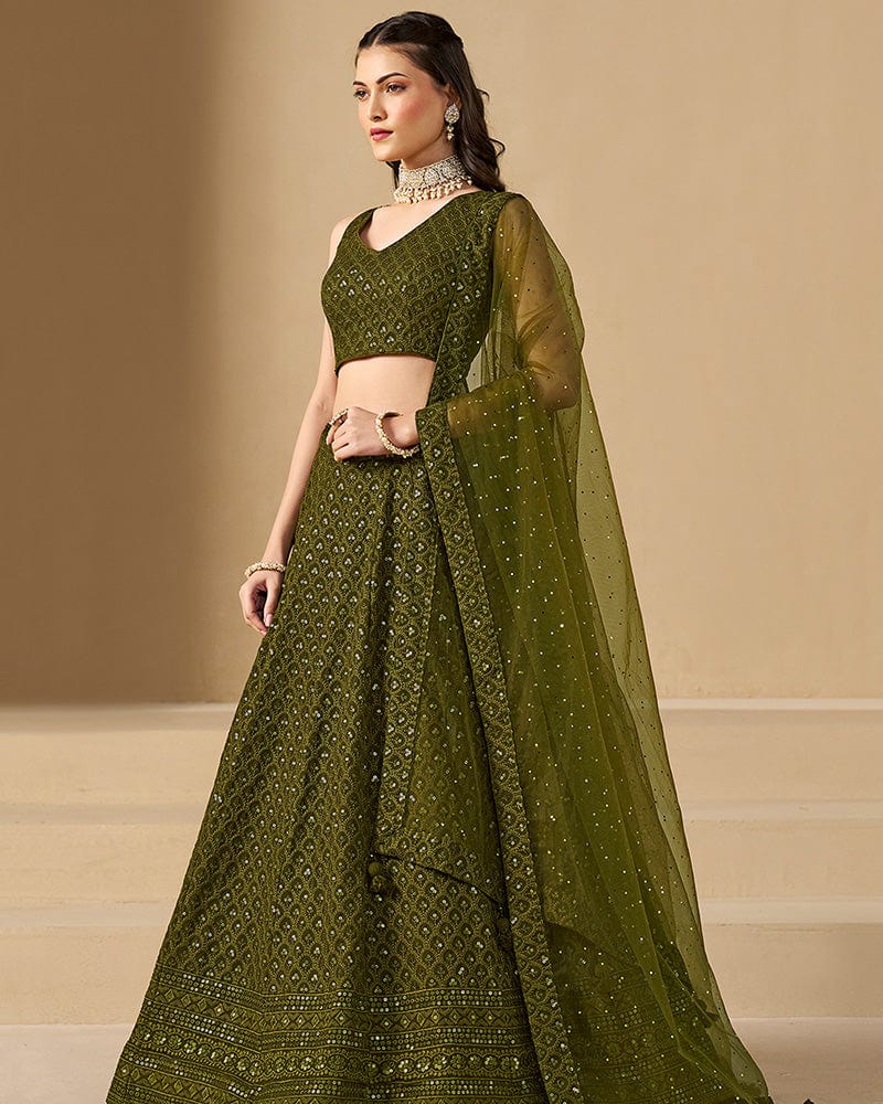 Mehndi Color Georgette Embroidered Lehenga Choli With Dupatta