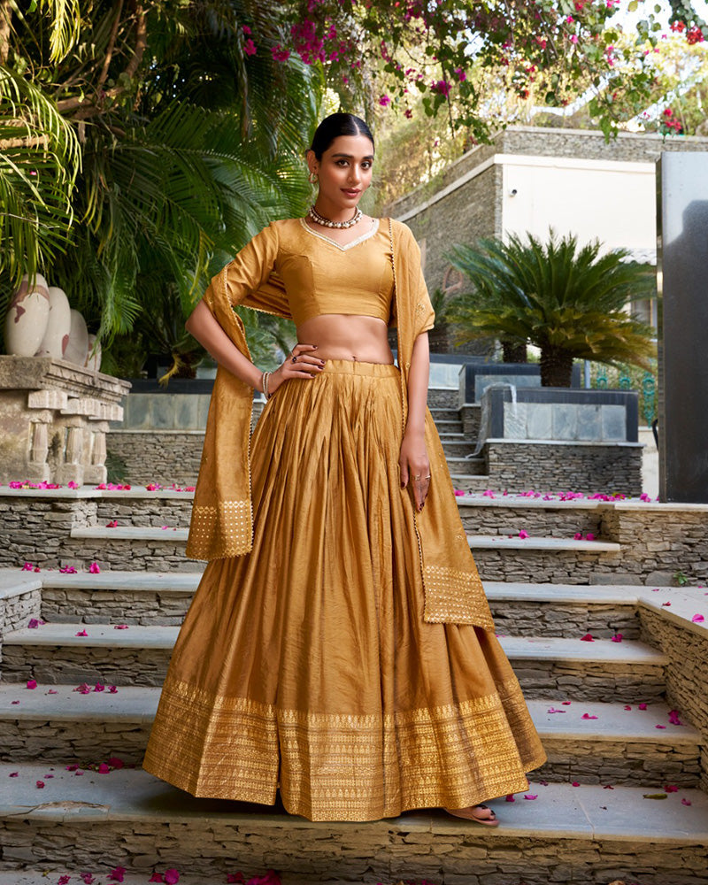 Mustard Color Pure Chanderi Plain Navratri Lehenga Choli