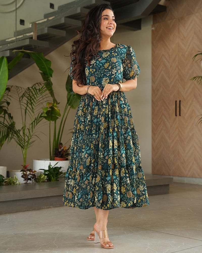 Green Color Georgette Floral Printed Tunic
