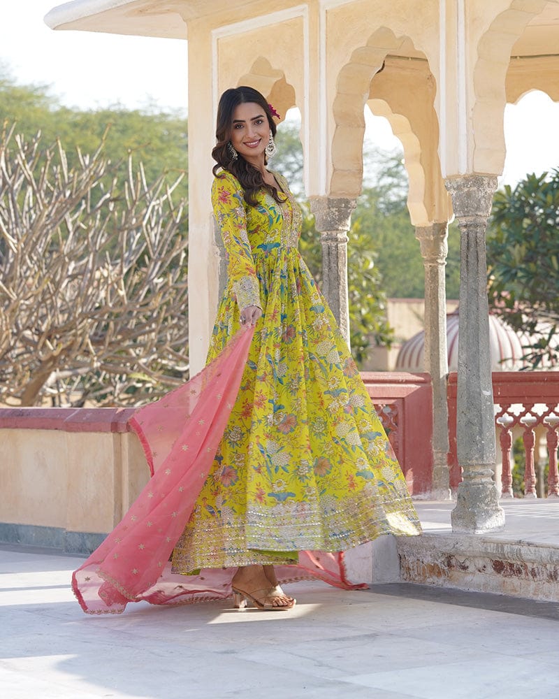 Wedding Wear Zari Embroidered Yellow Color Gown With Dupatta