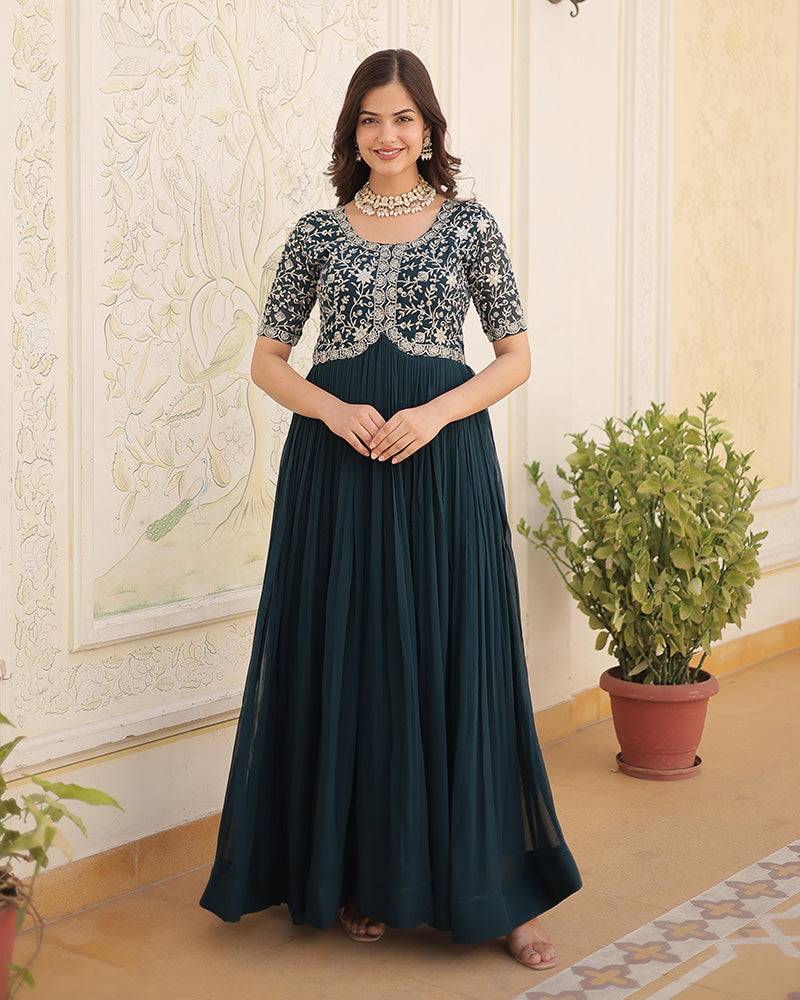 Rama Color Faux Blooming Zari sequence Embroidered Gown
