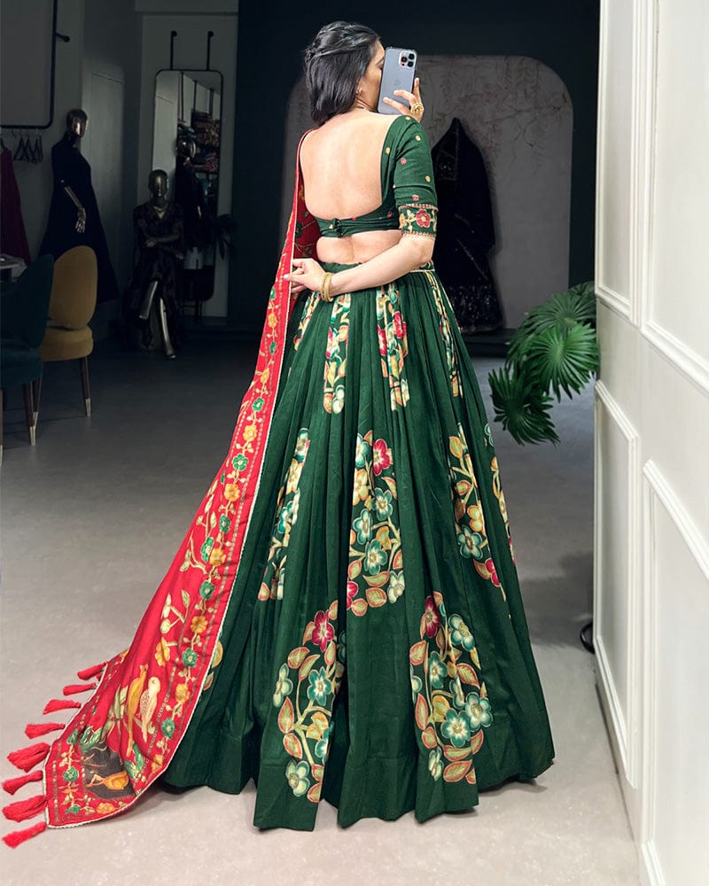 Green Color Tussar Silk Printed With Foil Work Lehenga Choli