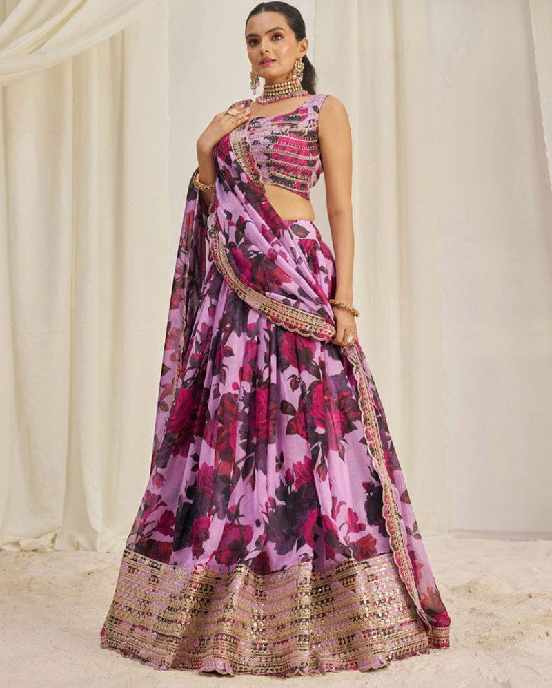 Purple And Pink Color Floral Printed Organza Lehenga Choli