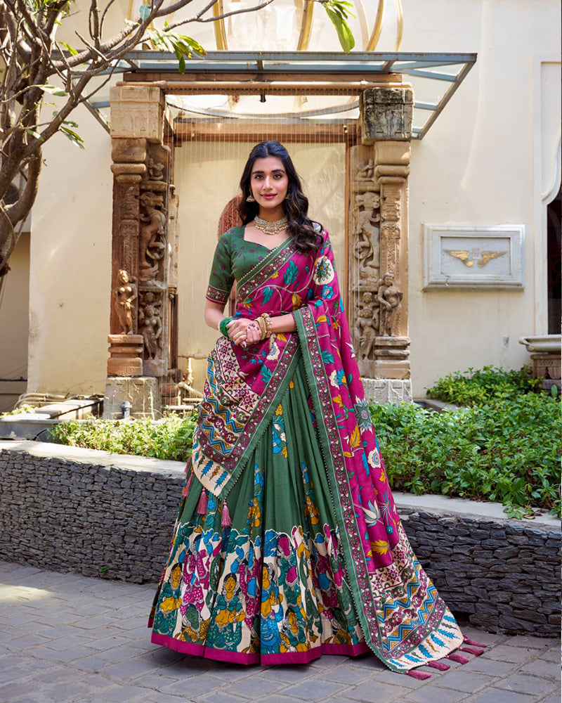 Mehndi Color Tussar Silk Kalamkari Printed Lehenga Choli