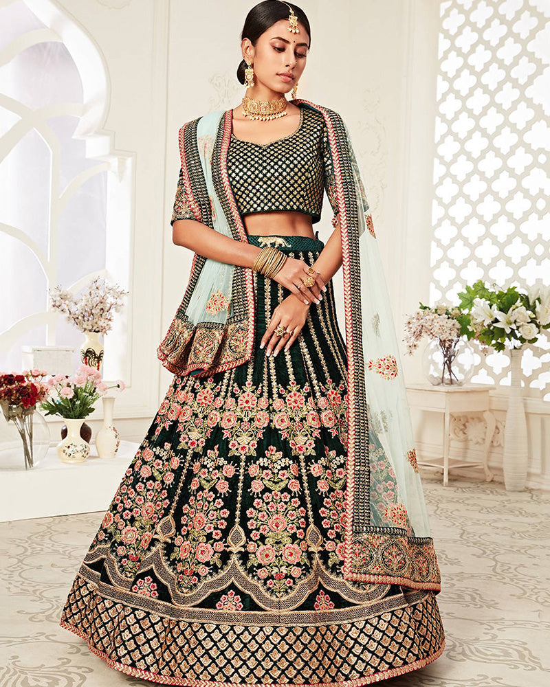 Dark Green Color Pure Velvet Embroidered Lehenga Choli