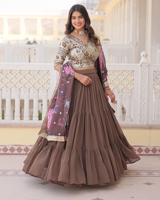 Chocolate Color Faux Georgette Frill Style Lehenga Choli
