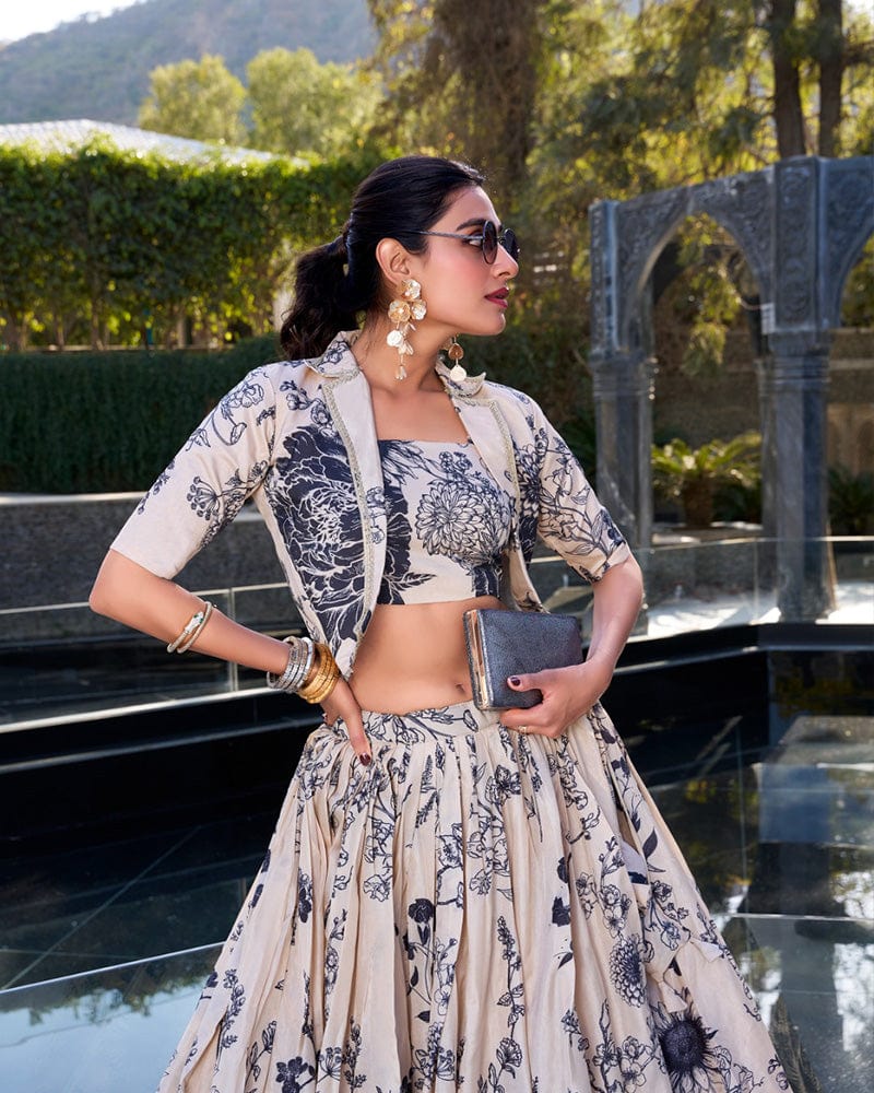 Cream Color Tussar Silk Lehenga Choli With koti