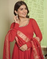 Red Color Georgette Anarkali With Dyable Jacquard Dupatta