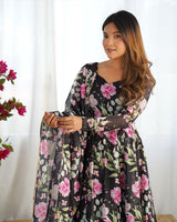 Black Color Pure Soft Organza Three Piece Anarkali Suit