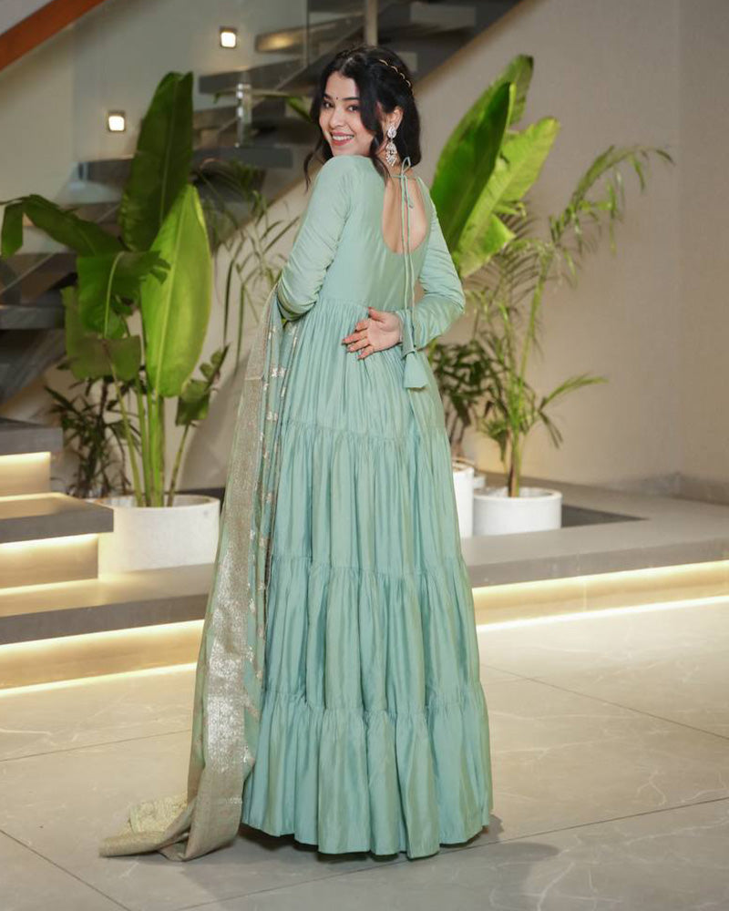 Pista Color Pure Chanderi Silk Frill Style Anarkali Suit