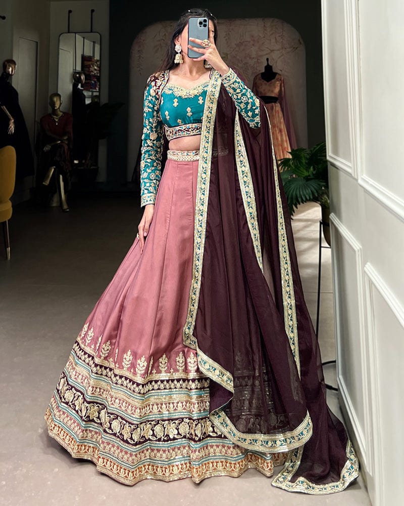 Peach Color Moonga Silk Embroidered Lehenga Choli
