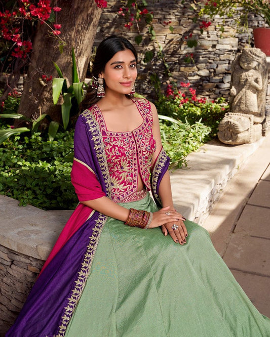 Sea Green Color Vichitra Silk Thread Embroidered Lehenga Choli