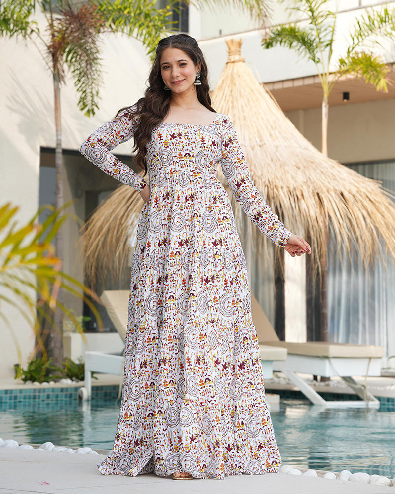 Off-White Color Cotton Printed Ruffle Style Gown