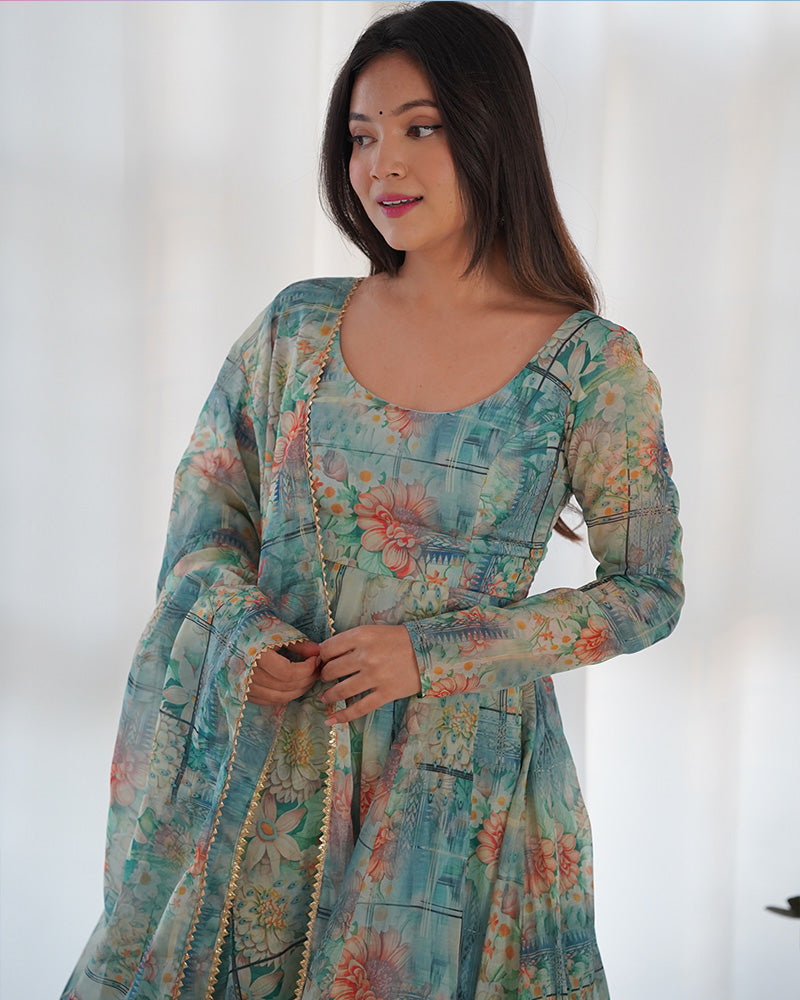 Bottle Green Color Floral Print Organza Three Piece Anarkali Suit