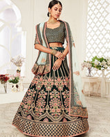 Dark Green Color Pure Velvet Embroidered Lehenga Choli