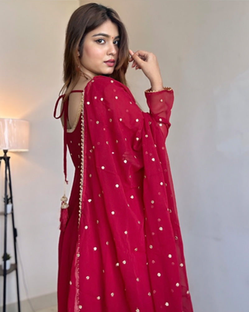 Kanak Mishra In Maroon Color Georgette Anarkali Three Piece Suit