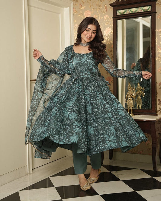 Bottle Green Color Printed Tebby Organza Three Piece Anarkali Suit