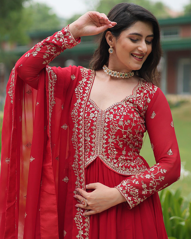 Pink Color Faux Blooming Multi Embroidered Work Gown