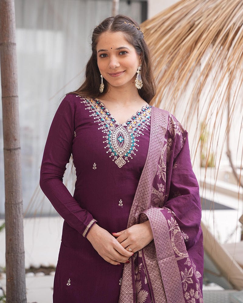 Wine Color Roman Silk Embroidered Three Piece Kurti Suit