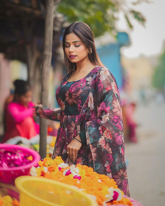 Rugee In Our Floral Print Organza Black Color Three Piece Anarkali Suit