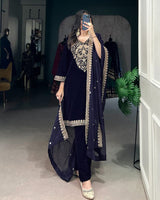 Navy Blue Color Velvet Three Piece Kurti Suit