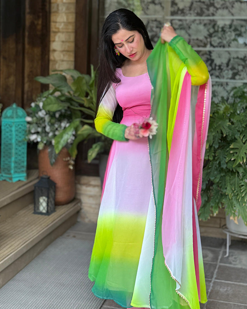 Isha sharma In Our Multi Pink Color Georgette Three Piece Anarkali Suit