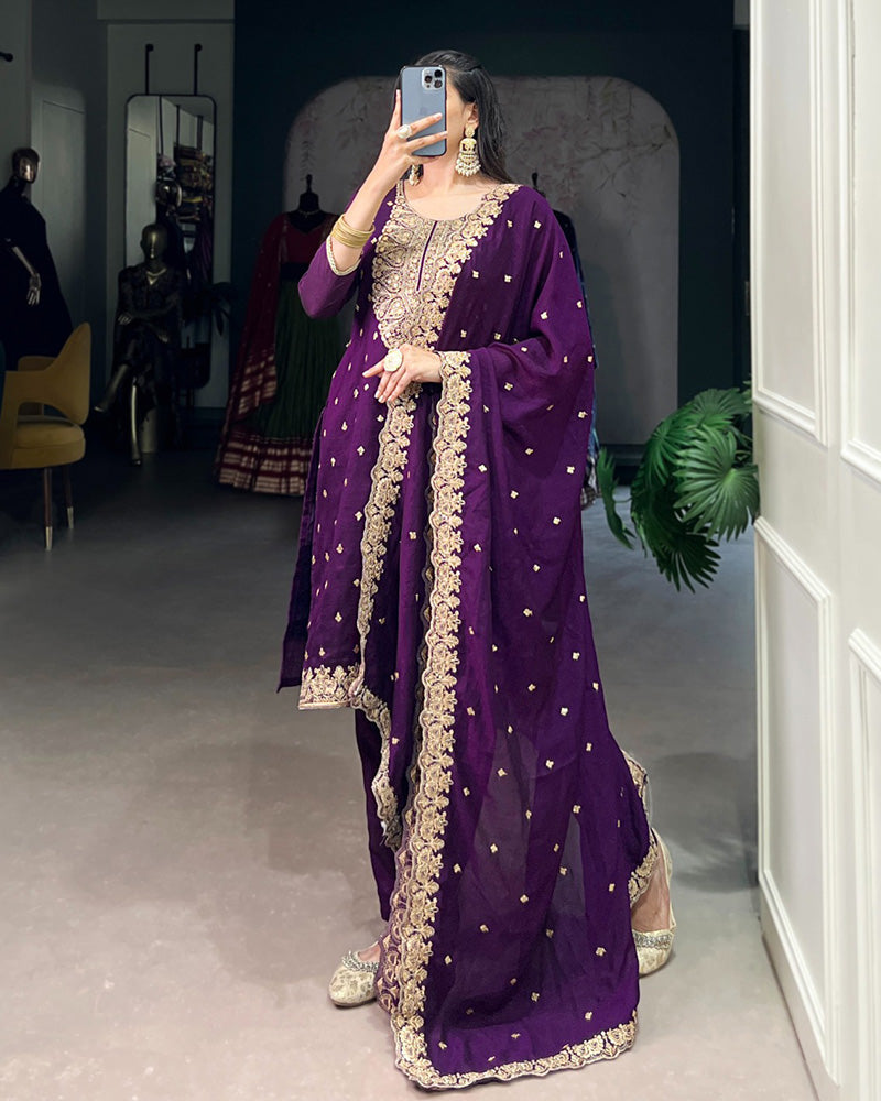 Purple Color Vichitra Silk Embroidered Three Piece Kurti Suit