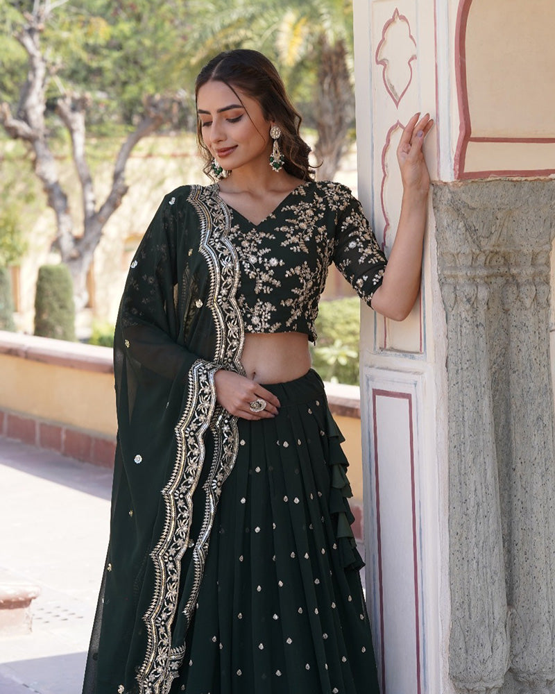Wedding Wear Dark Green Color Designer Blooming Semi stitched Lehenga Choli